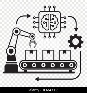 Robotic arm sorting boxes on conveyor belt with artificial intelligence brain chip control system for smart logistics Stock Vector