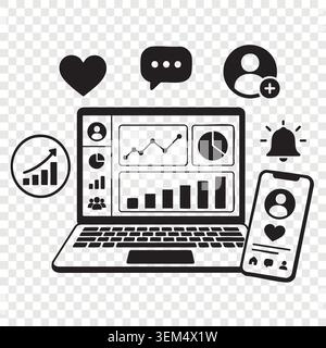 Laptop screen showing social media metrics charts likes messages and comments analytics for digital marketing optimization Stock Vector