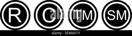Collection of register, copyright, trademark and service mark signs isolated on white background. Commercial rights symbols. Brand registration marks. Vector graphic illustration. Stock Vector