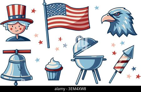 Patriotic USA icons set. American flag, bald eagle, Uncle Sam, Liberty Bell, barbecue grill, cupcake and fireworks. Fourth of July isolated hand drawn Stock Vector