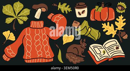 Autumn cozy element set with sweater, pumpkin, squirrel and leaves on dark background. Hand drawn fall vector collection. Warm seasonal vector Stock Vector