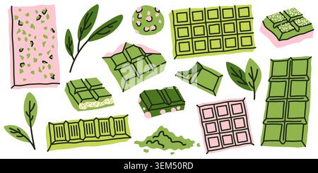 Matcha green tea chocolate bars and leaves illustration. Set features green chocolate pieces with pink accents and matcha powder for organic, healthy Stock Vector