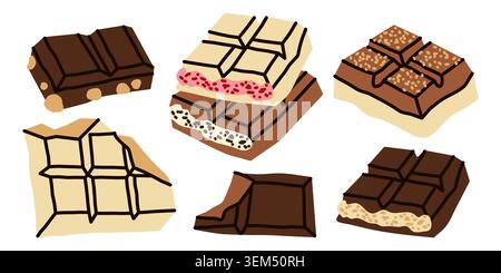 Broken chocolate chunks and pieces with fillings. Dark and white chocolate illustrations with raspberry, puffed rice and nuts, for food blog, dessert Stock Vector