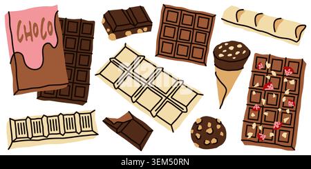 Chocolate bars, sweet desserts and truffles in hand drawn style. Set of dark, milk and white chocolate with nuts and strawberries for food packaging Stock Vector