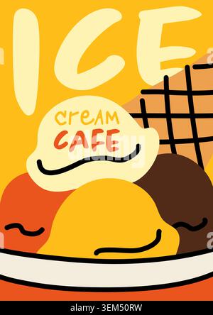 Ice Cream Cafe poster with bowl of colorful scoops and waffle cone. Bold hand drawn flat vector illustration for cafe signage, menus, and summer promo Stock Vector