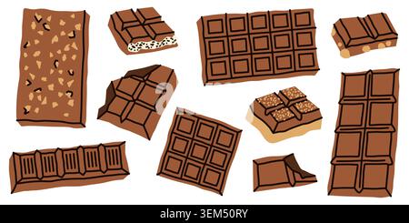 Milk chocolate bars and pieces illustration set with various textures like nuts and puffed rice. For cocoa themed designs, sweet treat branding Stock Vector
