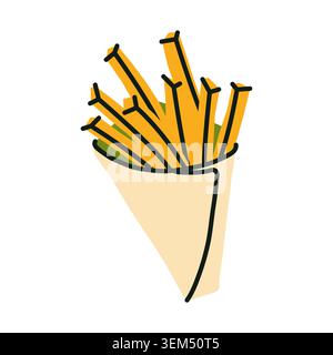 Crispy golden french fries in paper cone illustration. Vibrant hand drawn doodle fast food icon isolated on white for street cafe menus and takeaway Stock Vector