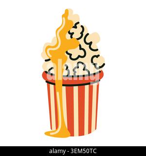 Classic striped popcorn bucket overflowing with snacks and melting caramel sauce. Fun cinema food illustration in vibrant flat style for movie night Stock Vector