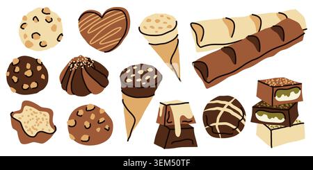 Chocolate truffles, pralines and candies collection. Hand drawn heart shaped sweets, stars, ice cream cones and chocolate sticks for confectionery Stock Vector