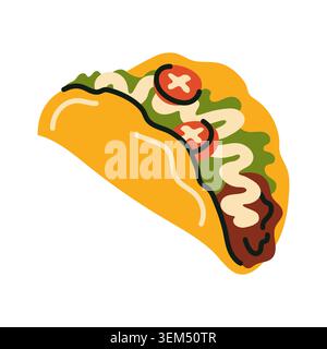 Traditional taco illustration with meat and vegetables in hand drawn doodle style. Vibrant Mexican fast food icon isolated on white for menu design Stock Vector
