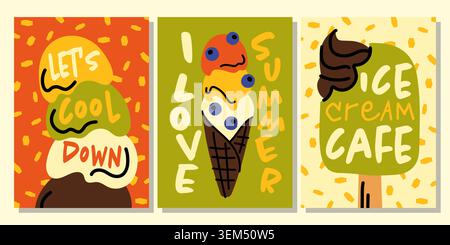 Vibrant set of three ice cream themed posters with catchy phrases like Let's Cool Down and I Love Summer. Modern doodle style illustrations Stock Vector