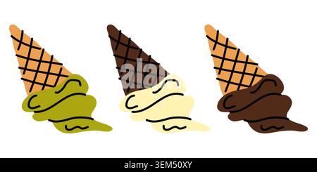 Three melting ice cream cones with pistachio, vanilla, and chocolate flavors. Minimalist hand drawn flat vector illustration of delicious frozen treat Stock Vector