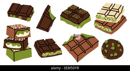Dubai chocolate bars with pistachio kunafa filling. Hand drawn illustration of viral Middle Eastern dessert with crunchy kataifi and pistachio cream Stock Vector