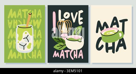 Hand drawn matcha tea posters set with iced latte, whisk and cup illustration Stock Vector