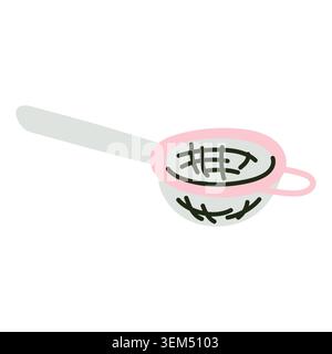 Small metal strainer or sifter for matcha tea preparation. Essential tool to remove clumps from green tea powder for smooth drink. Hand drawn vector Stock Vector