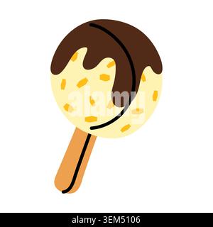Round vanilla ice cream bar on stick with chocolate glaze and nut or caramel sprinkles. Hand drawn frozen dessert illustration isolated on white Stock Vector