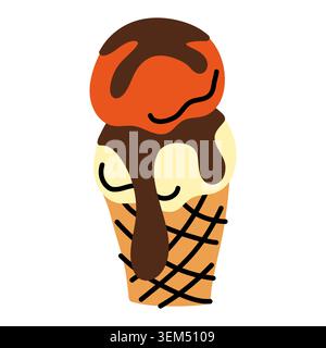 Waffle cup with two scoops of vanilla and orange ice cream topped with chocolate syrup. Hand drawn summer dessert illustration isolated on white Stock Vector