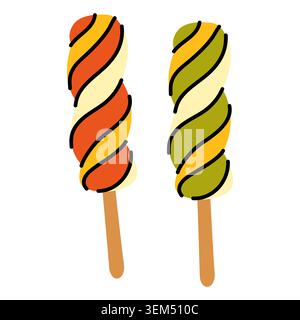 Two twisted fruit popsicles ice cream with orange, yellow and green spirals. Hand drawn frozen juice bars on sticks isolated on white background. Stock Vector
