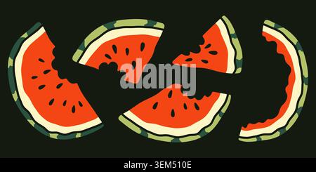 Collection of bitten red watermelon slices on black background. Funny hand drawn fruit doodles with juicy texture and seeds, for playful summer brand Stock Vector