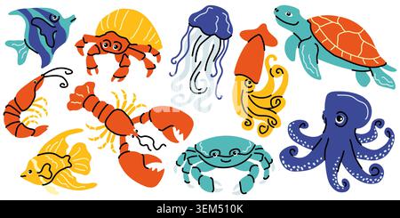 Sea creatures cartoon vector set with cute octopus, lobster, jellyfish, and sea turtle. Hand drawn colorful marine animals isolated on white Stock Vector