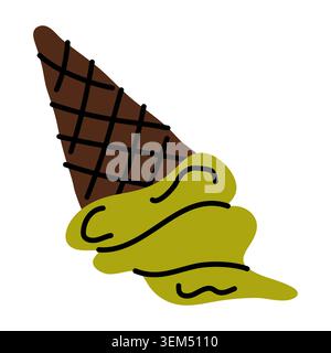 Melted pistachio or mint ice cream falling out of a dark waffle cone. Fun hand drawn vector illustration of a messy summer treat on white background Stock Vector