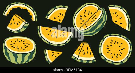 Collection of yellow watermelon slices and pieces on dark background. Hand drawn exotic fruit illustrations with juicy pulp and seeds for summer food Stock Vector