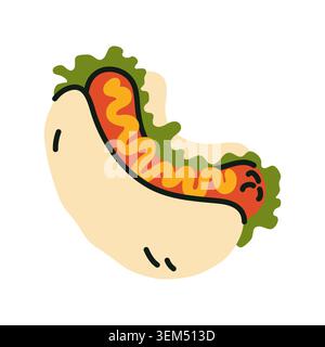 Classic hot dog with mustard and lettuce illustration in hand drawn doodle style. Vibrant fast food icon isolated on white for street cafe and food Stock Vector