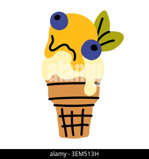 Hand drawn waffle cone with vanilla and orange ice cream scoops topped with fresh blueberries and leaves. Cute summer dessert illustration Stock Vector