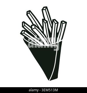 Hand drawn french fries in paper cone pack illustration. Minimalist black and white fast food doodle icon for potato snack menus, takeaway branding Stock Vector