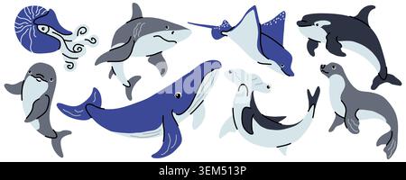 Marine life vector set featuring a whale, shark, orca, hammerhead, and seal. Cute hand drawn ocean animals collection in blue and grey palette Stock Vector