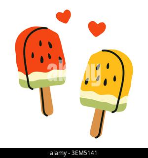 Cute red and yellow watermelon popsicles with hearts. Hand drawn summer ice cream illustration on white background. Sweet seasonal treat for kids Stock Vector