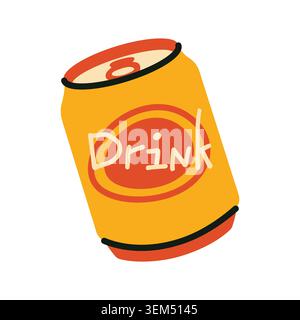 Bright yellow aluminum soda can with Drink text and red logo. Refreshing beverage icon in modern flat design, for fast food combo ads, refreshment Stock Vector