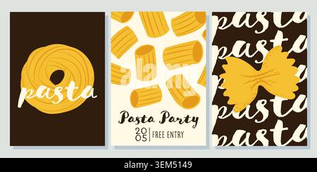 Set of three pasta themed posters including fettuccine coil, falling rigatoni for "Pasta Party," and farfalle over typographic background. Trendy rest Stock Vector