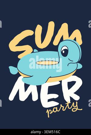 Playful summer party poster featuring cute teal turtle inflatable float and bold typography on dark background, great for kids pool parties or beach Stock Vector