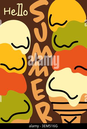 Vertical Hello Summer poster with towers of colorful ice cream scoops and cone. Playful hand drawn vector illustration perfect for cafe art, summer br Stock Vector
