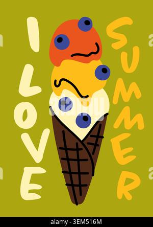 I Love Summer poster with tall ice cream cone with colorful scoops and blueberries. Vibrant hand drawn vector illustration for cafe wall art, seasonal Stock Vector