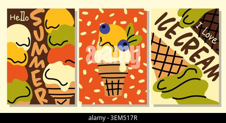 Creative summer posters with hand drawn ice cream scoops, waffle cones, and playful text. For summer promotions, cafe interior decor, greeting cards Stock Vector