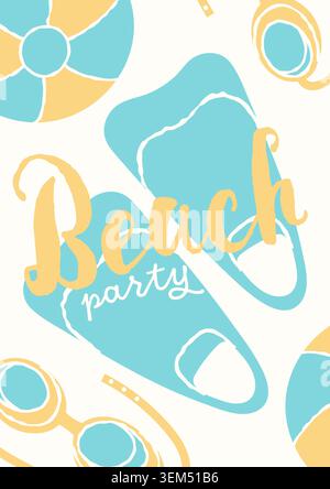 Energetic beach party poster with hand drawn vector illustrations of fins, goggles, and beach ball in teal and yellow, perfect for tropical summer Stock Vector