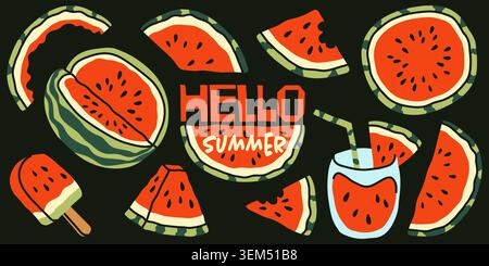 Vibrant watermelon set with Hello Summer text on dark background. Juicy slices, cocktail glass, and popsicle in flat hand drawn style for summer food Stock Vector
