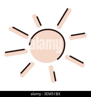 Delicate sun icon with thin line rays in minimalist hand drawn style. Soft sun symbol for boho branding, summer invitations, and aesthetic flat vector Stock Vector