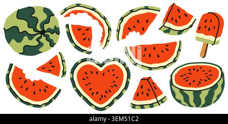 Hand drawn collection of fresh red watermelon slices, whole fruit, and heart shaped pieces on white background. Perfect for summer food branding Stock Vector