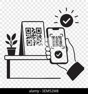Customer scanning qr code on desk stand using smartphone screen for digital payment Stock Vector