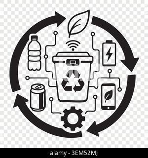 Circular economy system diagram with recycling arrow eco bottle battery energy gears and digital network Stock Vector