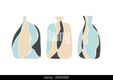 Modern vector illustration of three pottery vase silhouettes filled with abstract organic wavy lines. Contemporary ceramic vessels isolated on white background in boho and mid century style for interior posters. Stock Vector