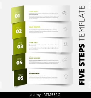 This infographic template features five steps displayed on clean white banners with green labels. Each of the five steps includes a placeholder for te Stock Vector