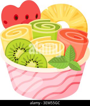 Colorful Thai rolled ice cream with kiwi, strawberry, pineapple, and mint in pink cup. Hand drawn trendy flat style isolated vector. Ideal for dessert menus, stickers, food blogs, and summer designs. Stock Vector