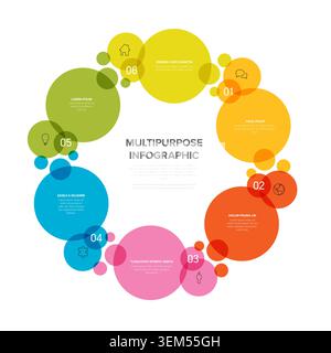 This multipurpose infographic features colorful circles arranged in a circle. Each section of this multipurpose infographic offers space for icons and Stock Vector