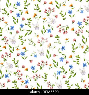 Wildflowers (blue, pink, orange) and butterflies. Watercolor illustration. Seamless pattern of meadow flowers, isolated on background. Suitable for po Stock Photo