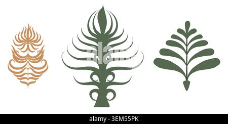 Twigs and leaves, simple flat drawings. Vector illustration. Geometric element of the pattern, the set is isolated on a white background Stock Vector