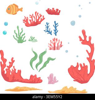 Corals and algae, fish and sand, the collection is hand-painted. vector illustration. Marine plants and animals from the ocean floor, the set is isola Stock Vector